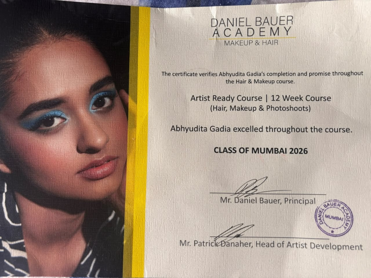 Daniel Bauer Academy certificate awarded to Abhyudita Gadia for completing the 12-week Artist Ready course